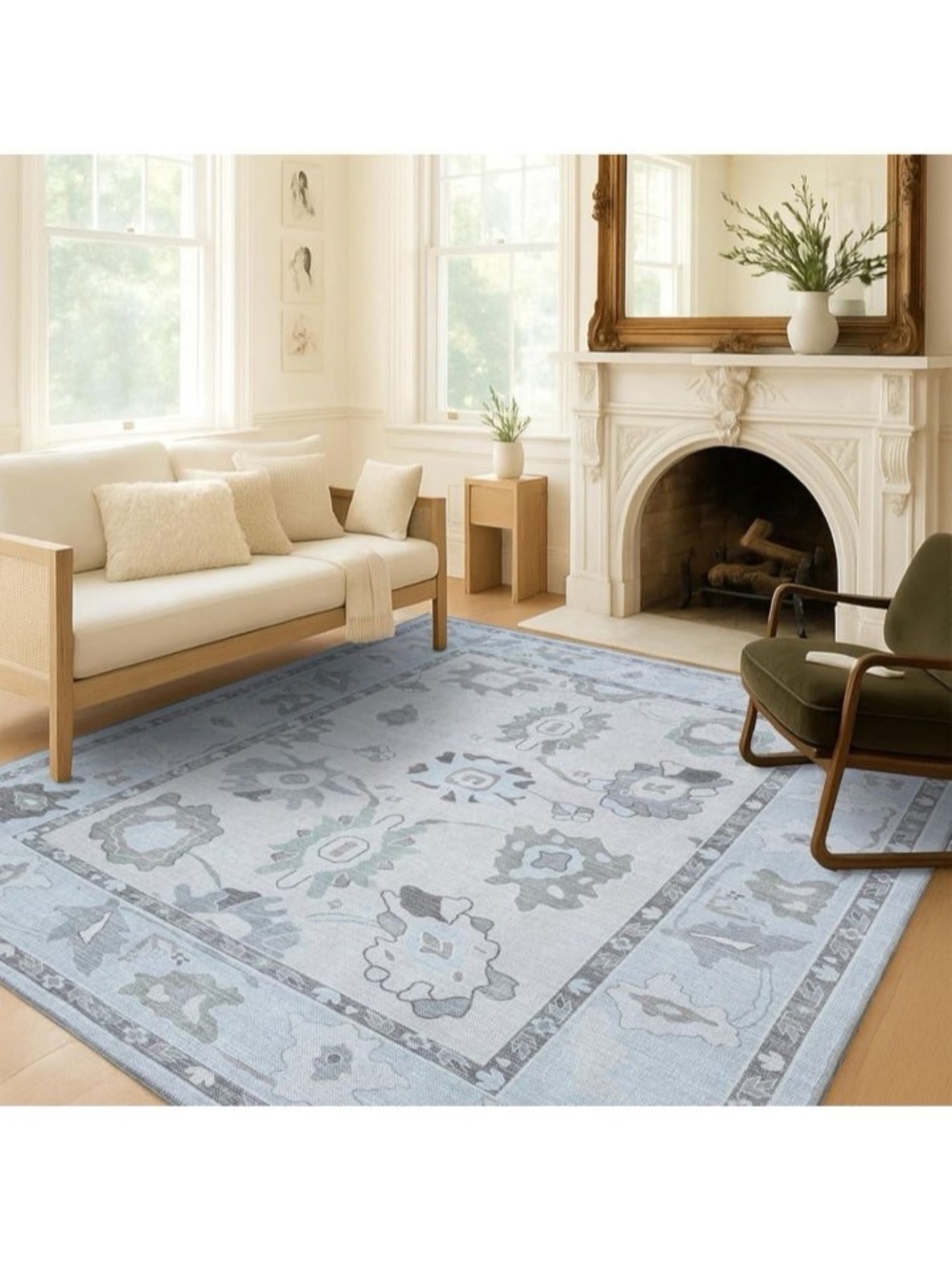 Fame Living Cream Blue Oushak Rug, Modern, Vintage, Turkish, Eclectic, Floral